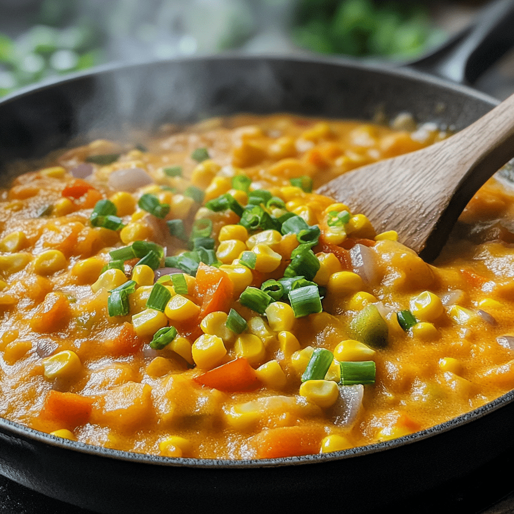 Skillet of maque choux with creamy corn and diced peppers topped with green onions