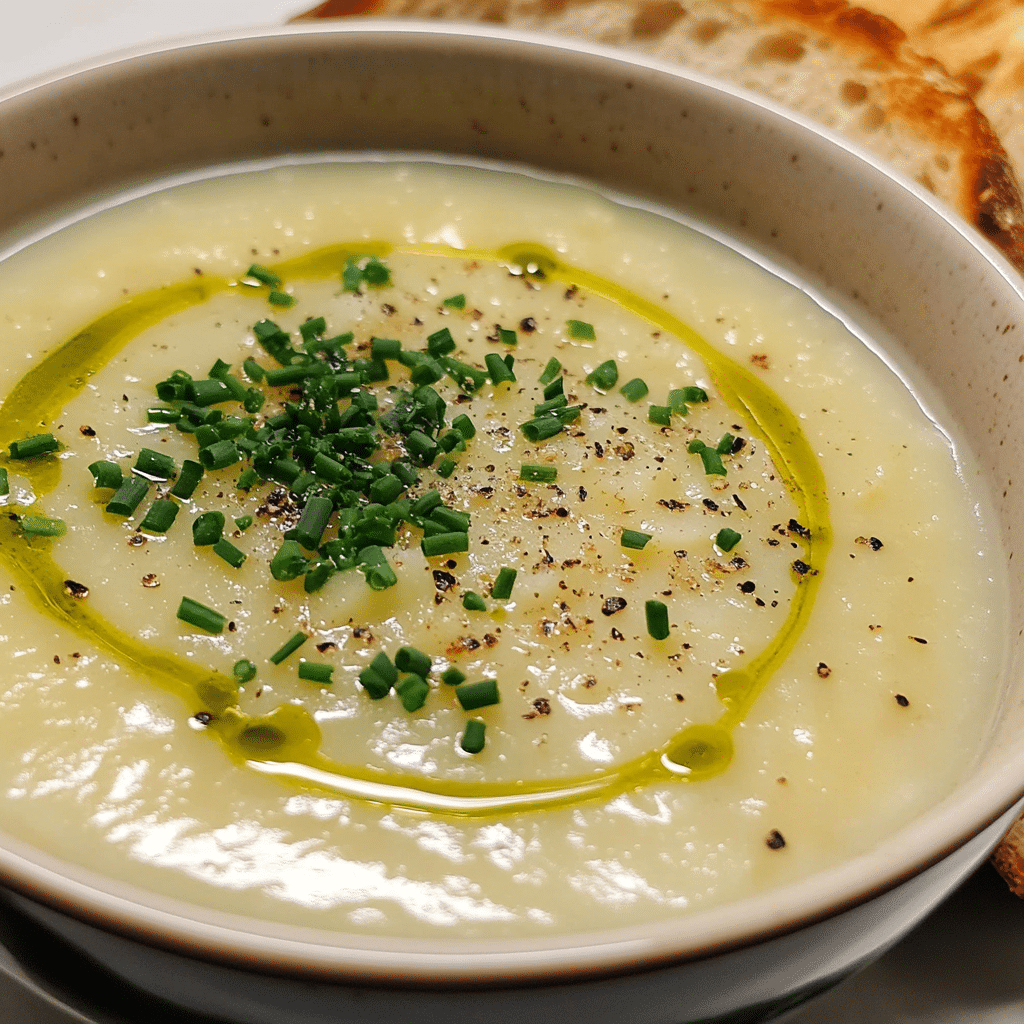 Bowl of potato leek soup topped with chives and olive oil
