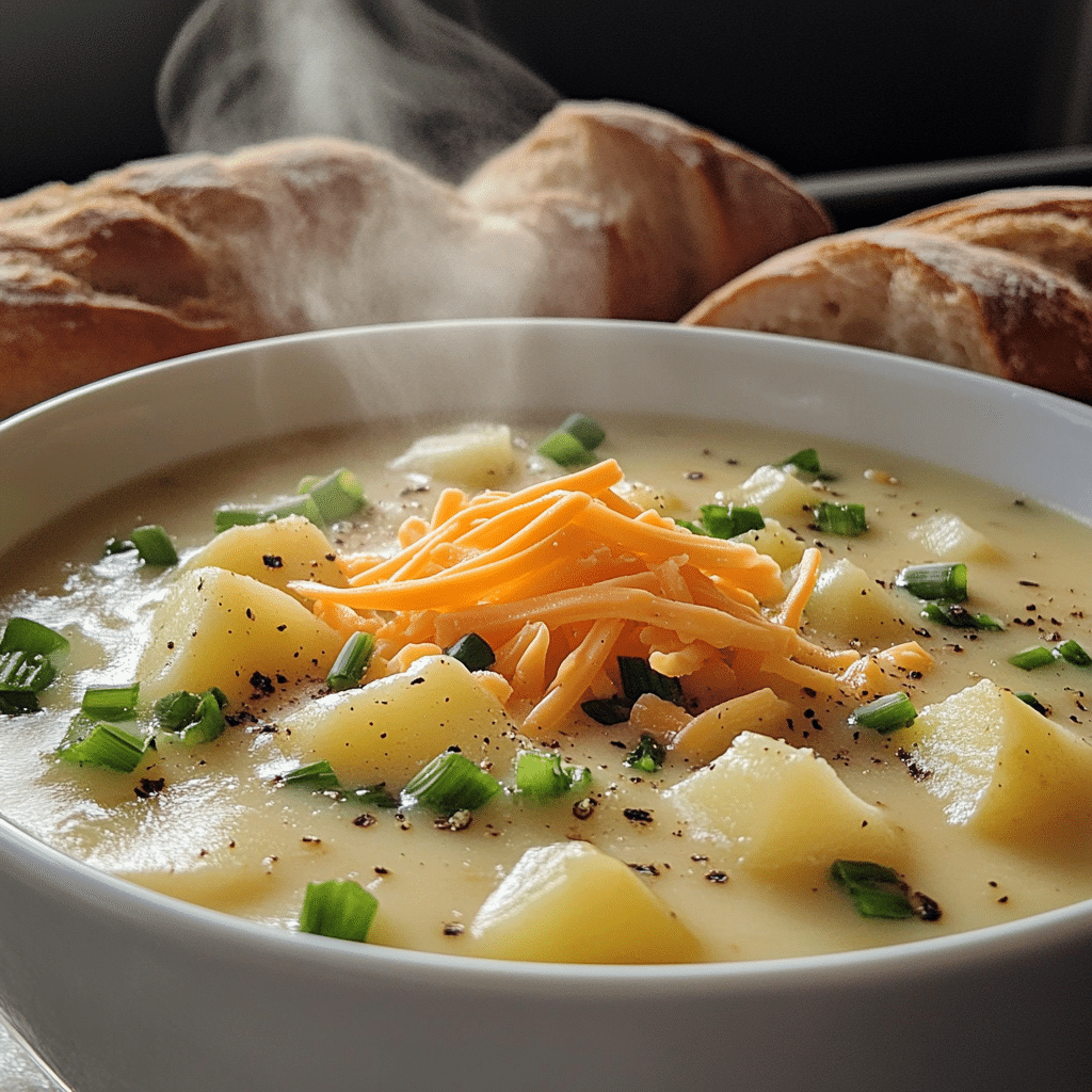 creamy potato soup topped with cheddar cheese and green onions in a bowl
