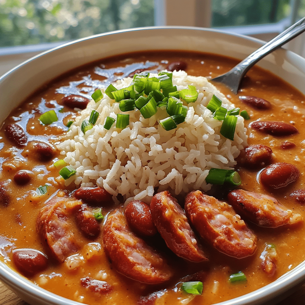 Bowl of red beans and rice topped with green onions and sausage slices