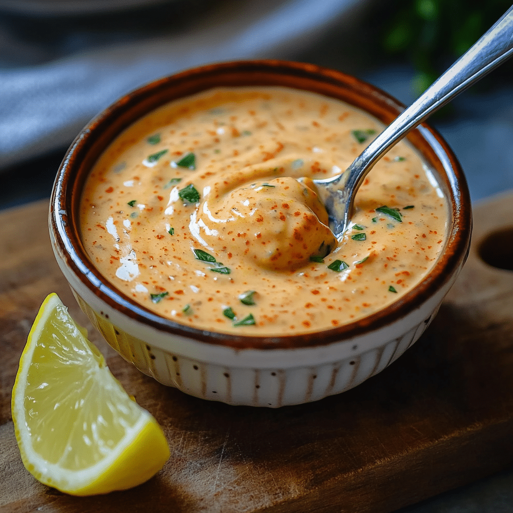 Bowl of homemade remoulade sauce with spices and herbs, served with a lemon wedge