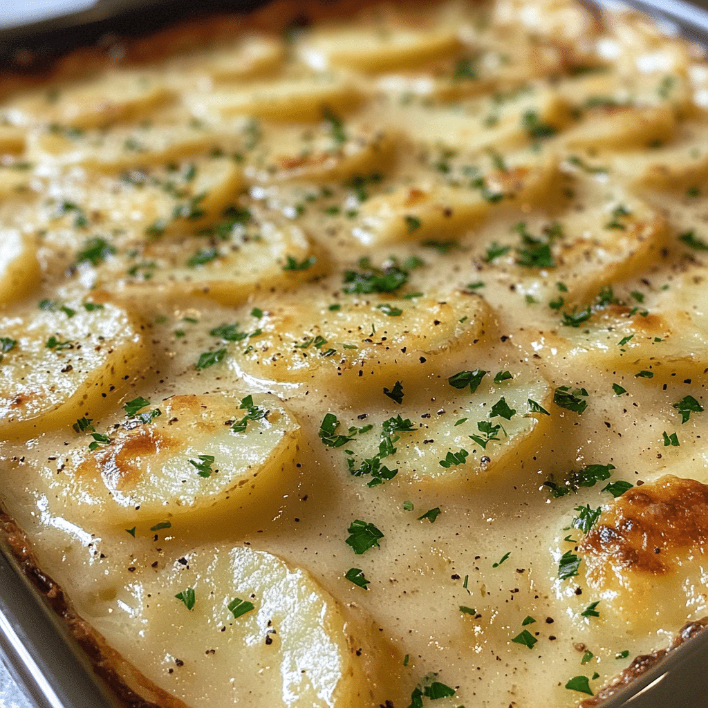 Scalloped potatoes in a baking dish with creamy sauce and golden top