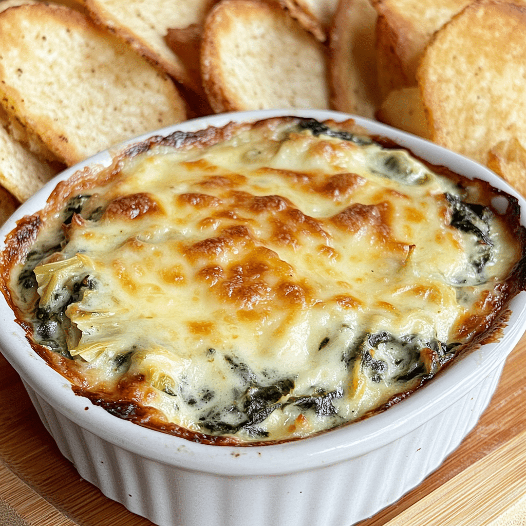 Spinach artichoke dip baked with melted cheese on top served with chips and bread