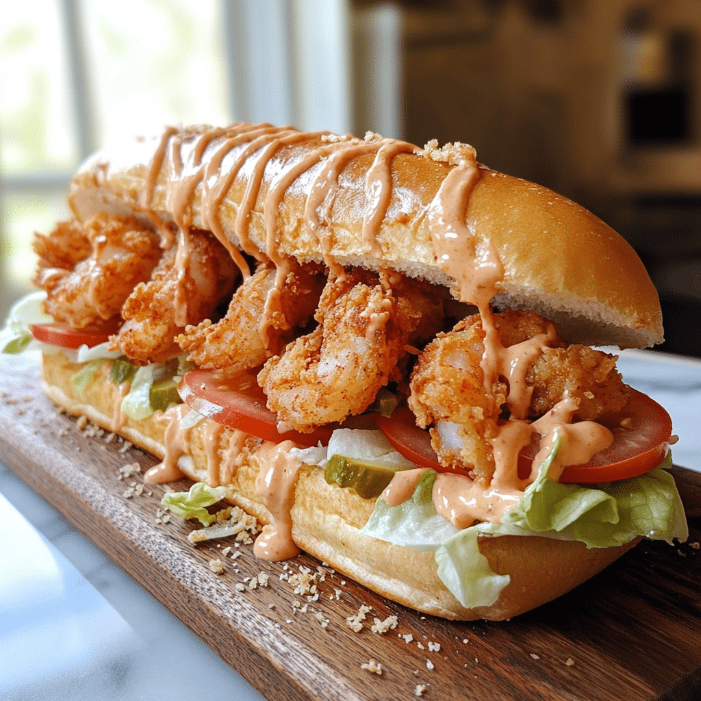 Shrimp po boy sandwich with crispy fried shrimp, lettuce, tomatoes, pickles, and Cajun sauce