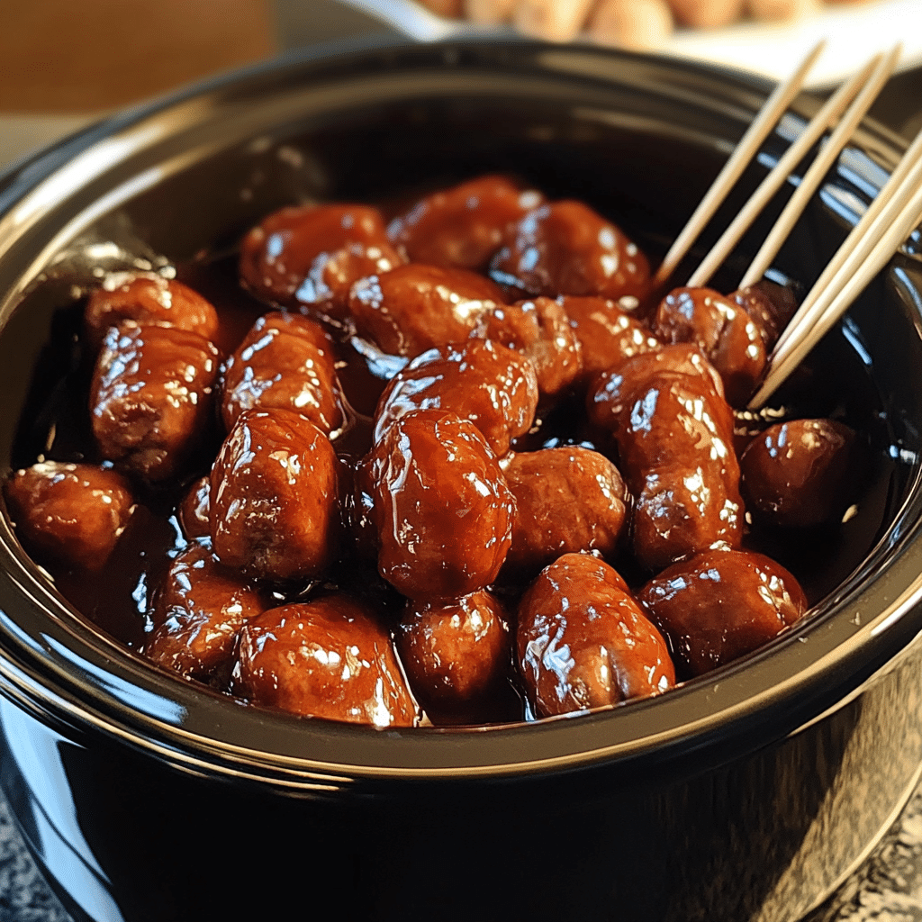 Little smokies in a slow cooker with glossy sauce