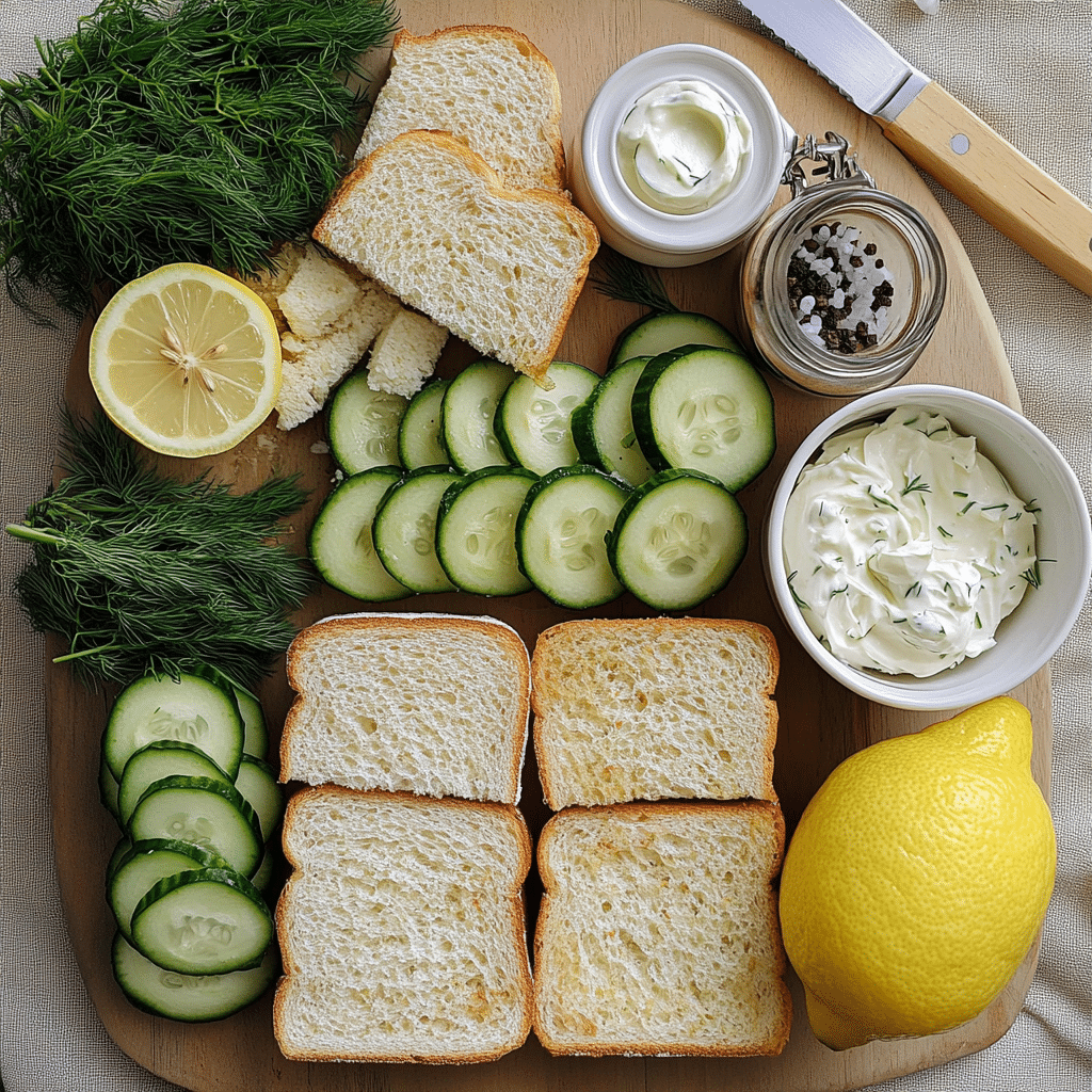 Ingredients for cucumber sandwiches including bread, cucumbers, cream cheese, herbs, and lemon