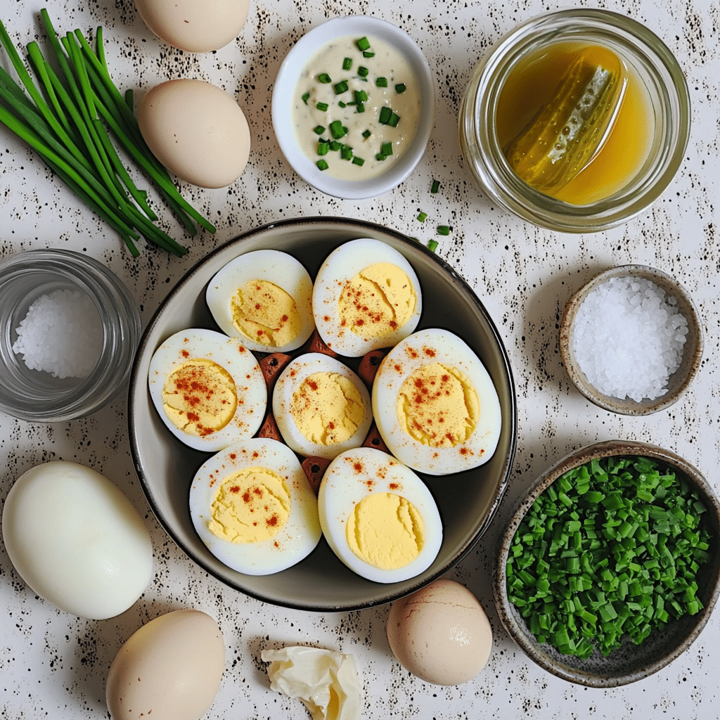 Ingredients for deviled eggs including eggs, mayo, Dijon, seasonings, and paprika