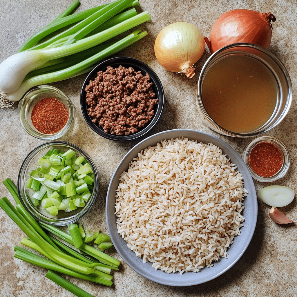 Overhead layout of ingredients for dirty rice including rice, ground meat, vegetables, broth, and Cajun seasoning