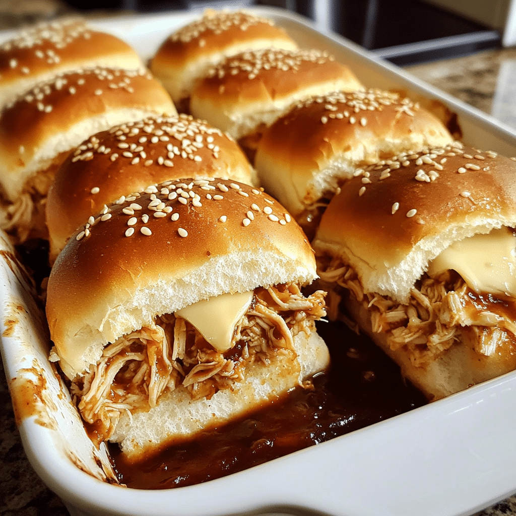 BBQ chicken sliders with melted cheese and buttery tops
