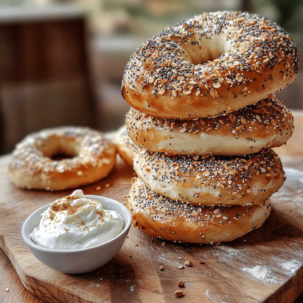 Stack of no-yeast Greek yogurt bagels topped with everything seasoning on a cutting board