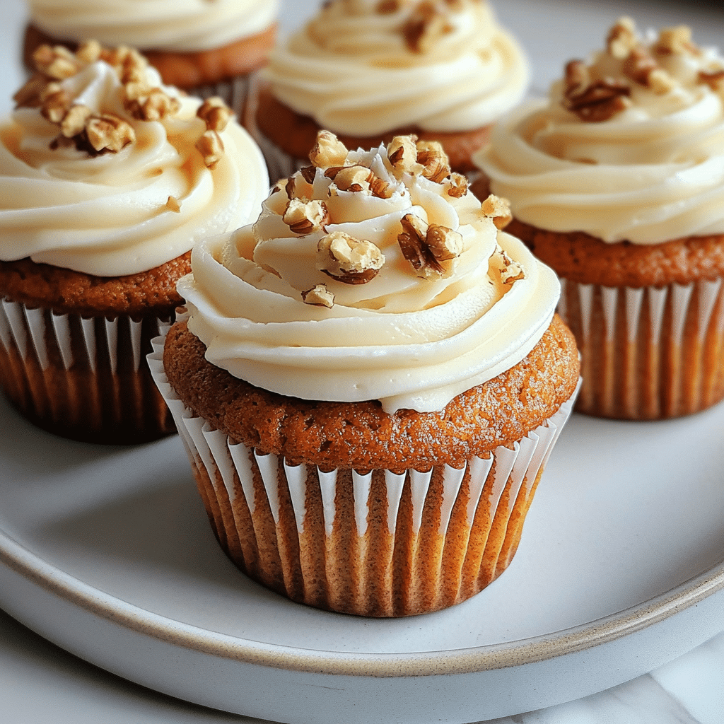 Carrot cake cupcakes with cream cheese frosting on a plate