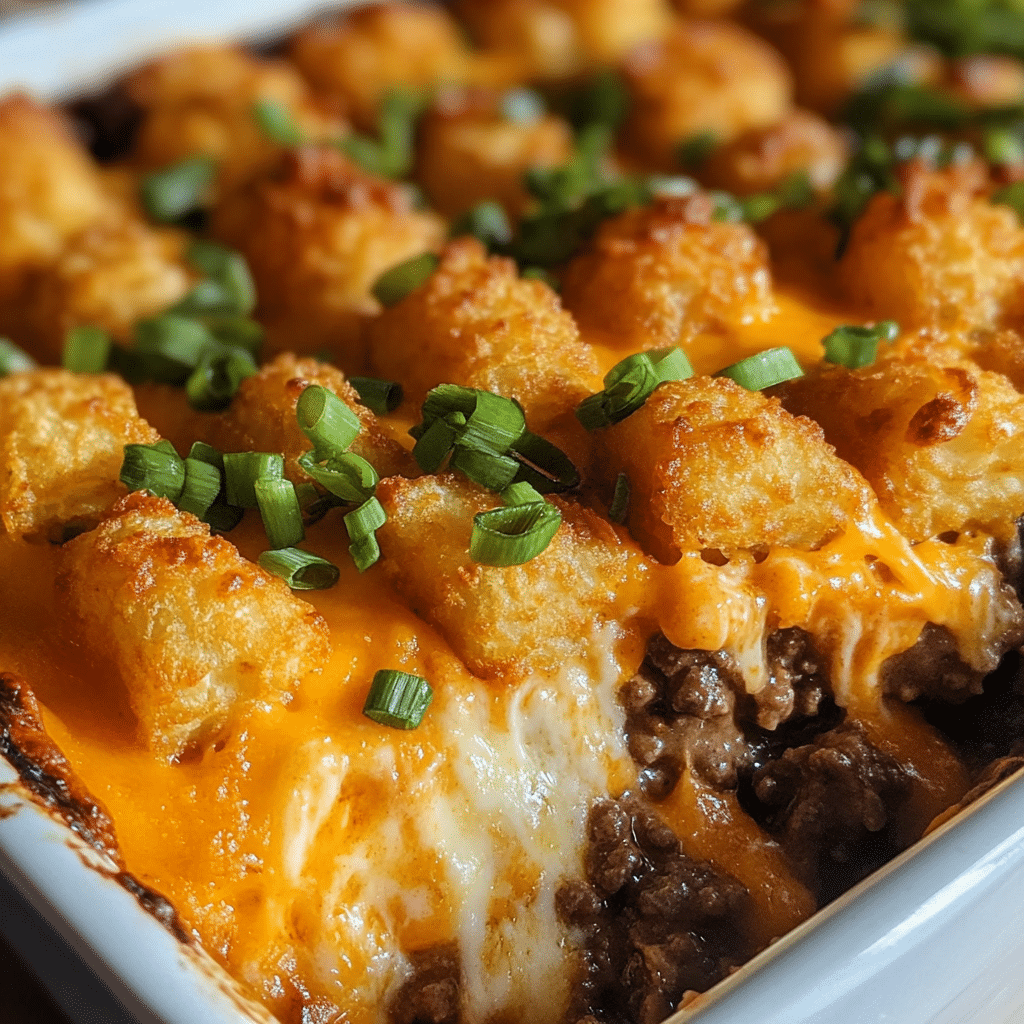 Tater tot casserole with golden tots, melted cheese, and green onions in a baking dish