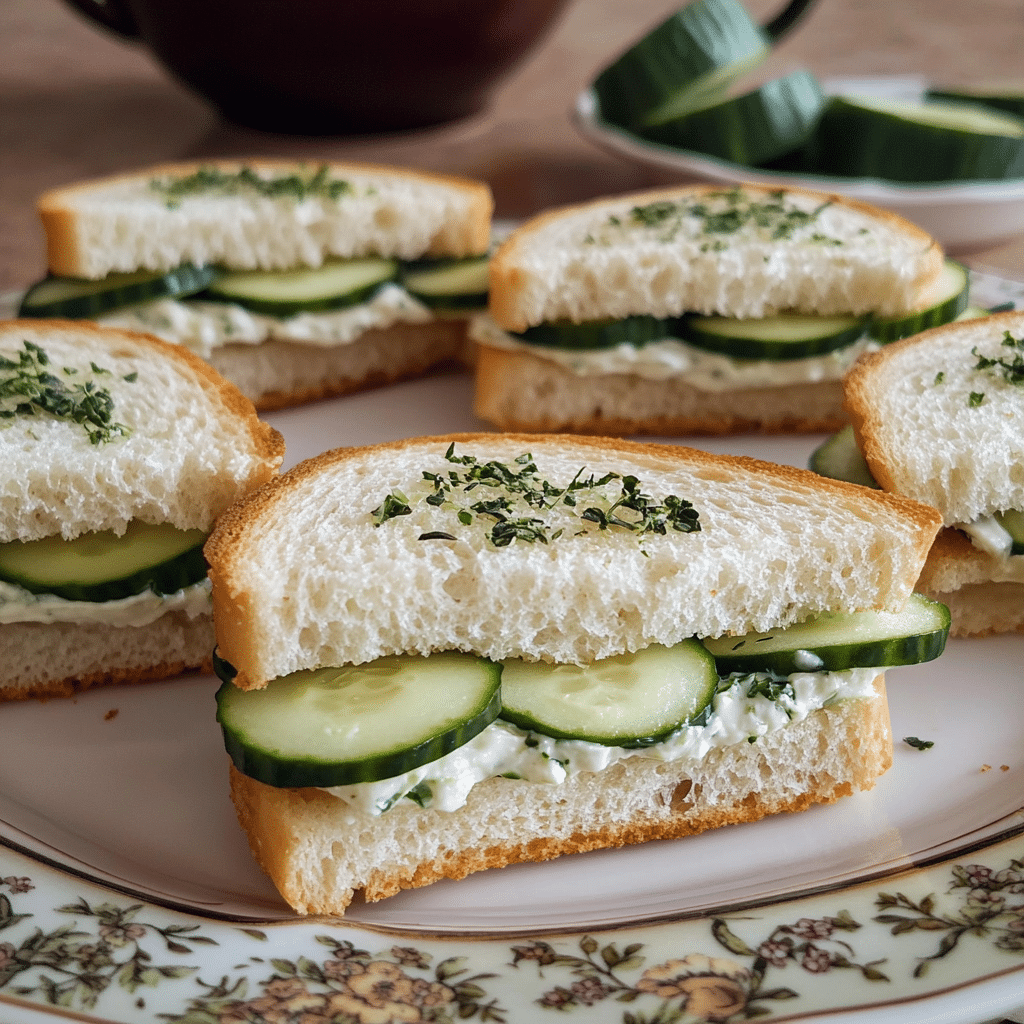 Cucumber sandwiches cut into triangles with creamy spread and cucumber slices on a platter