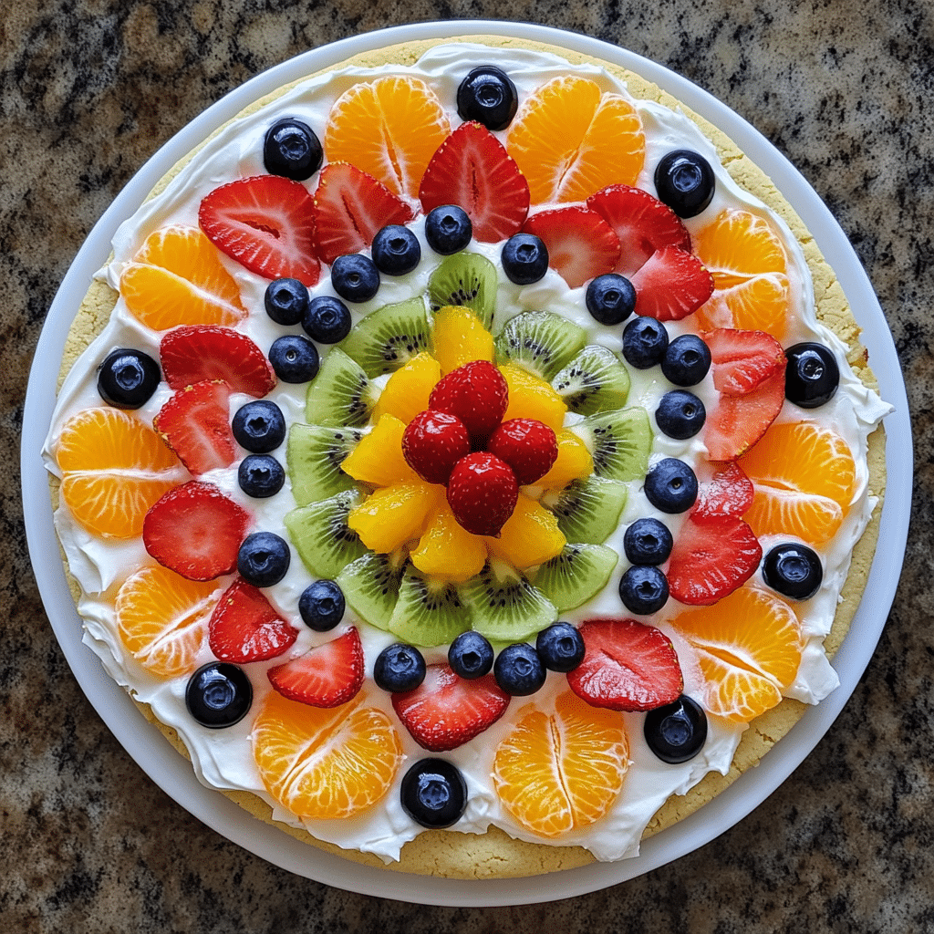 Fruit pizza with sugar cookie crust, cream cheese frosting, and assorted fresh fruit on top