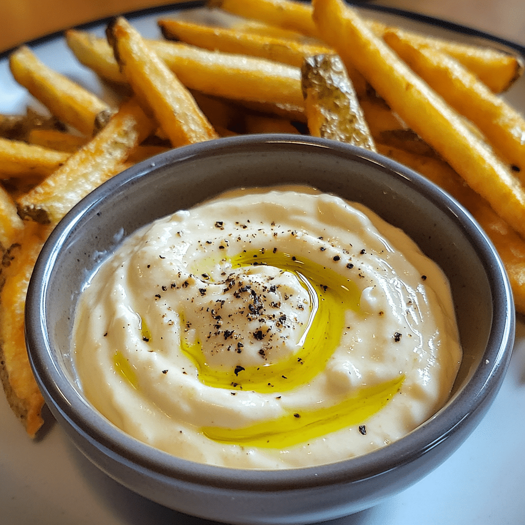 Bowl of garlic aioli next to fries