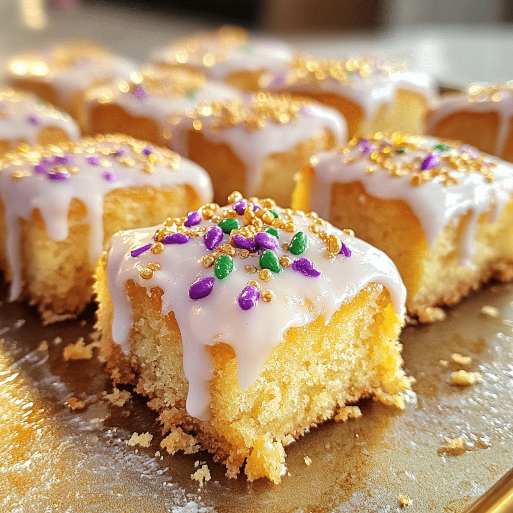 Tray of king cake bites drizzled with icing and topped with purple green and gold sugar