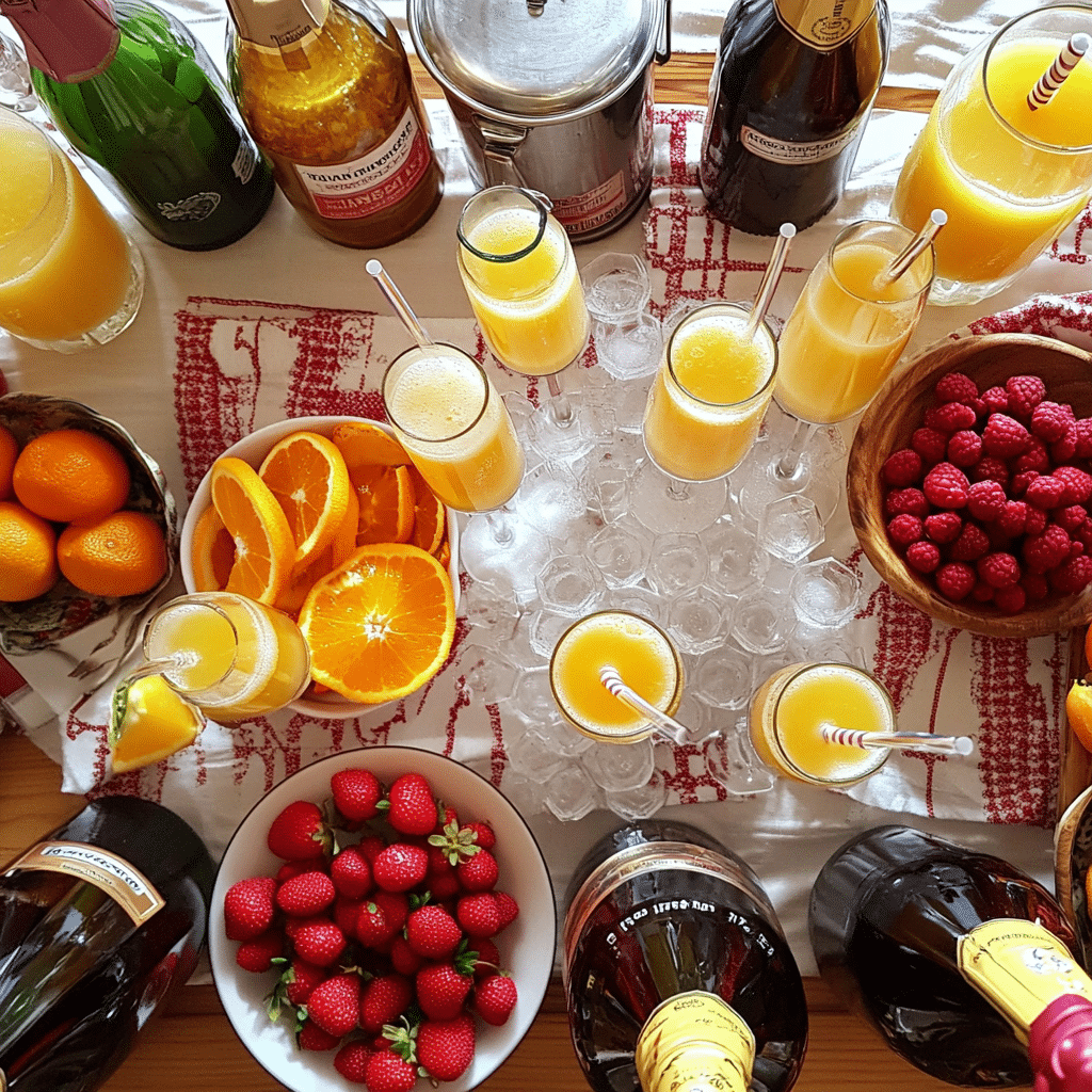 Mimosa bar with flutes, juice pitchers, fruit garnishes, and chilled bottles on a table