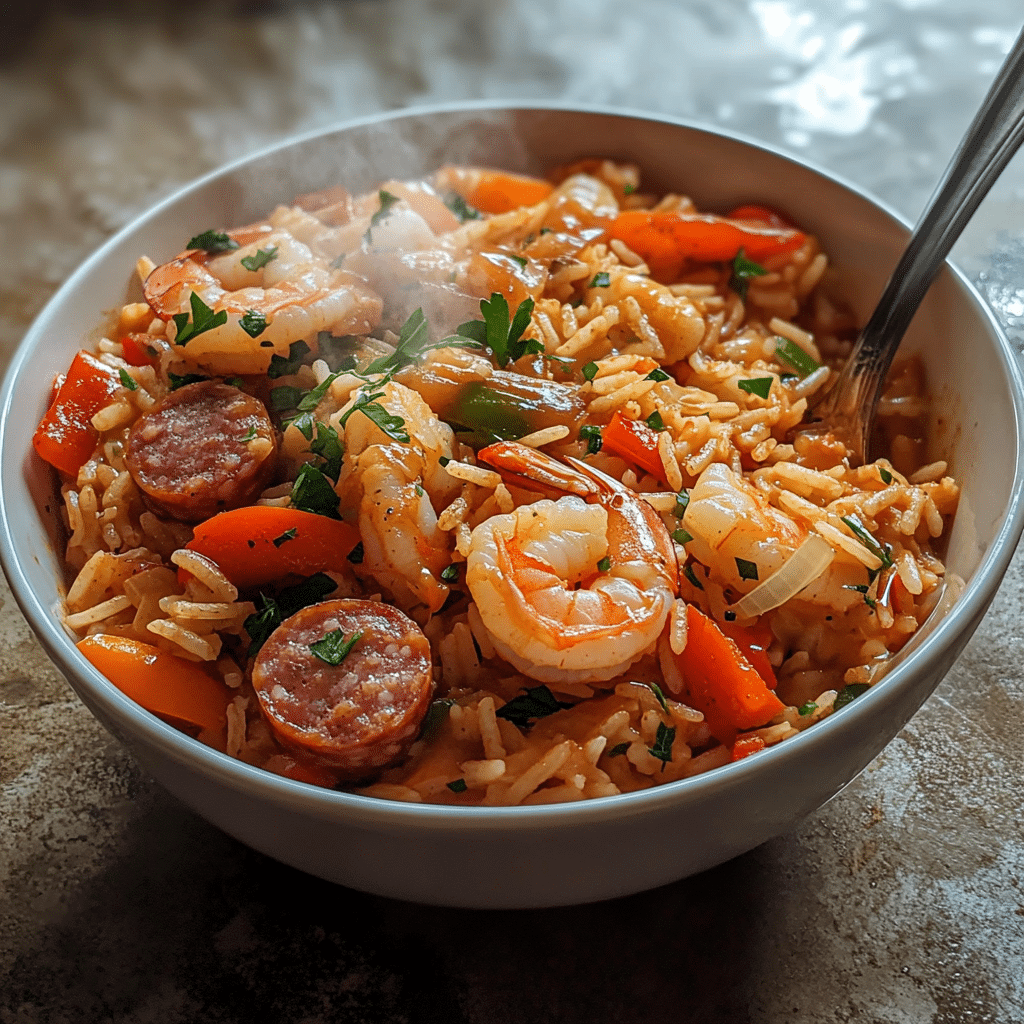 A bowl of jambalaya with rice shrimp sausage and peppers in a tomato-spiced sauce