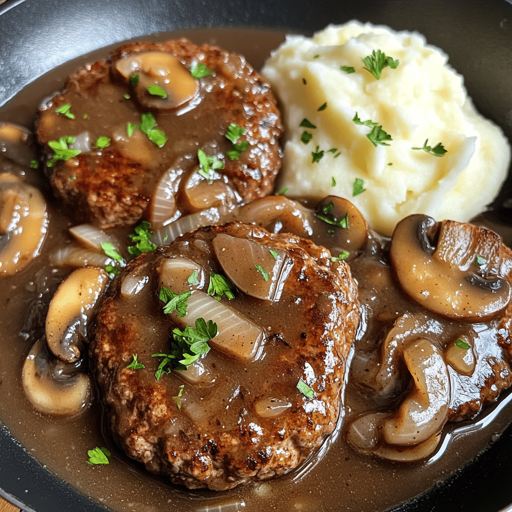 Salisbury steak patties in brown gravy with mushrooms and onions