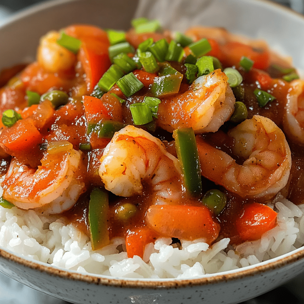 Shrimp creole served over white rice with green onions
