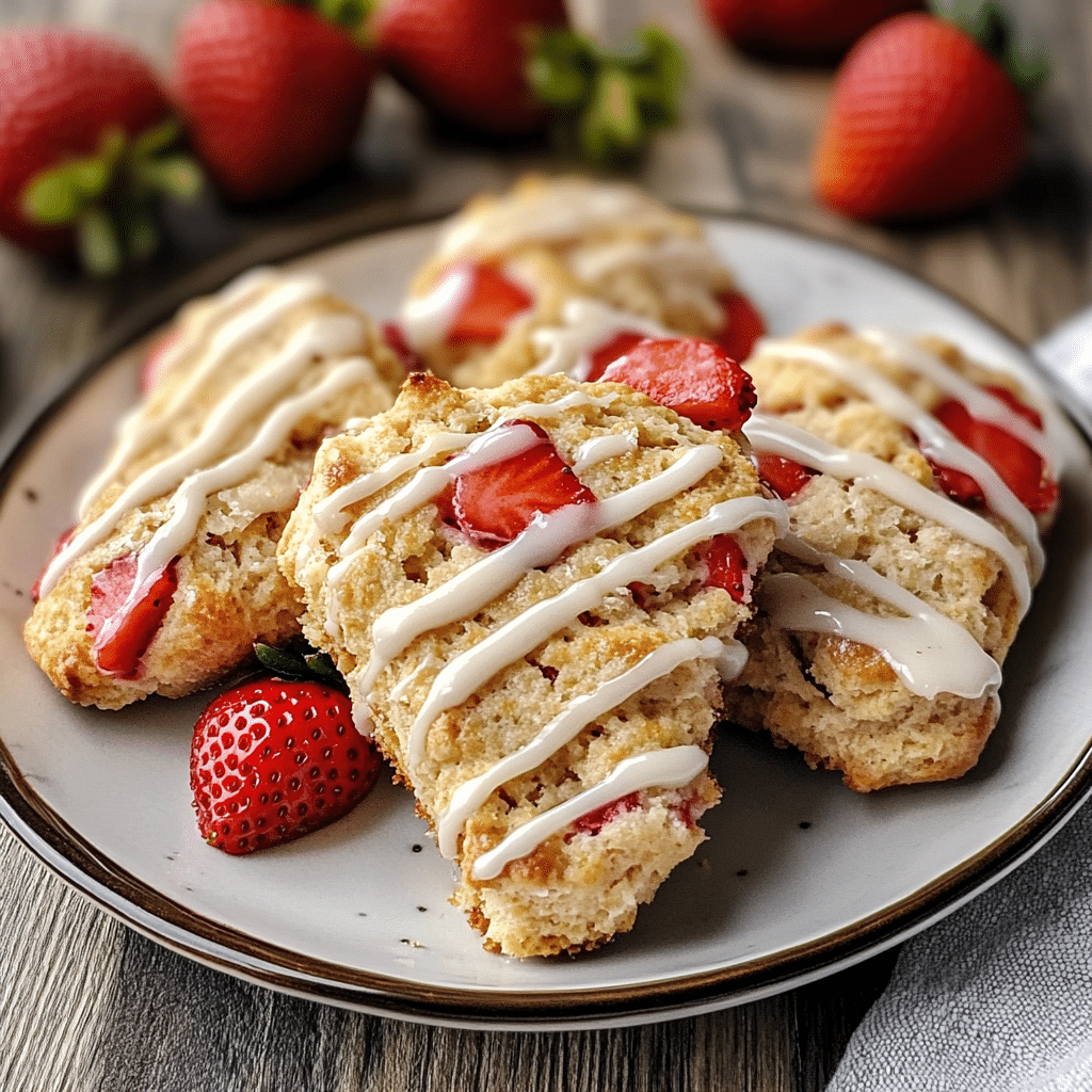 Strawberry scones with glaze on a plate and fresh strawberries nearby