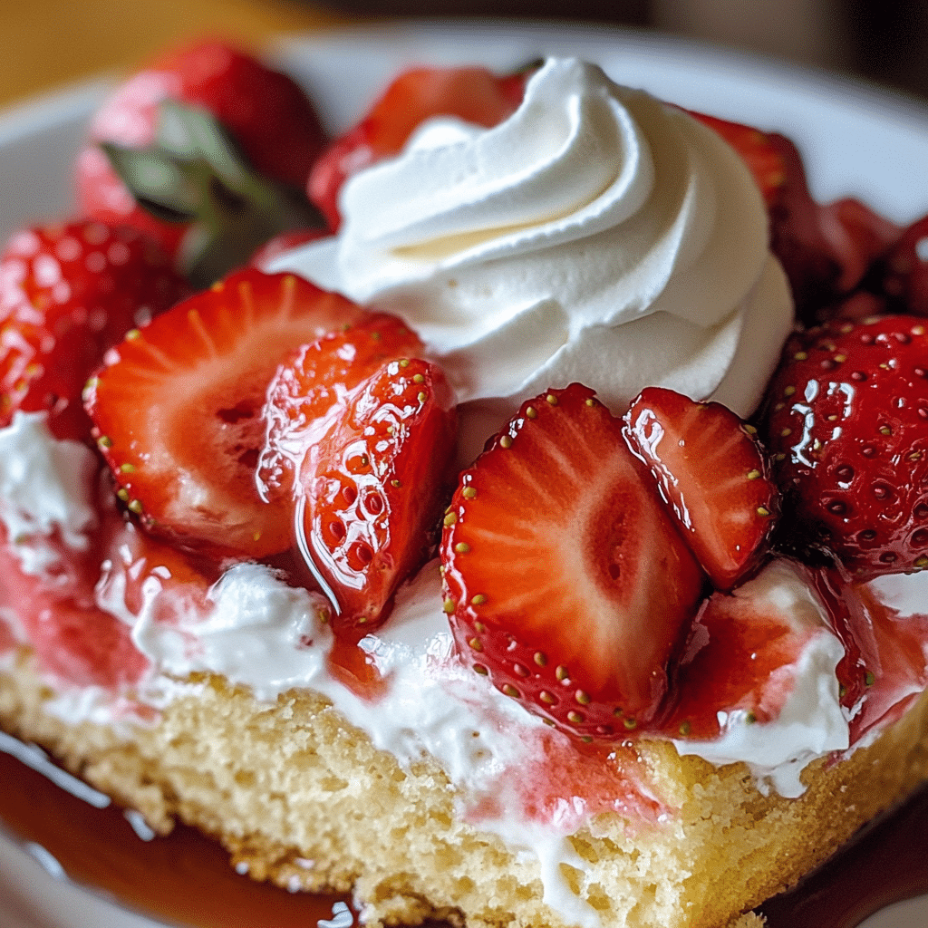 Strawberry shortcake with shortcake pieces, strawberries, and whipped cream layered on a plate