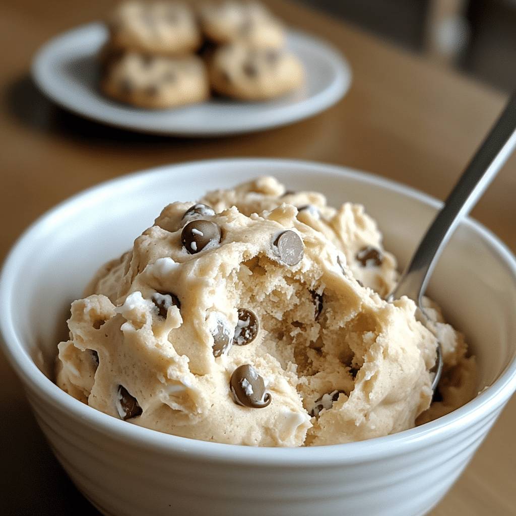 Bowl of edible cottage cheese cookie dough with mini chocolate chips and a spoon scooping a bite