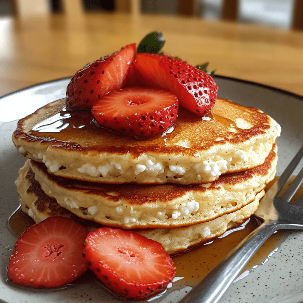 Stack of cottage cheese pancakes with strawberries and maple syrup drizzle