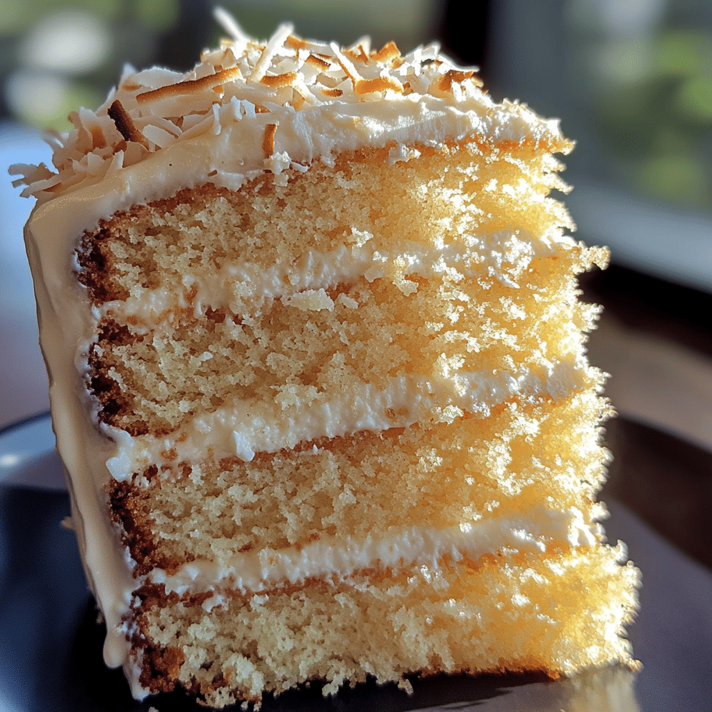 Slice of coconut cake with coconut frosting and toasted coconut