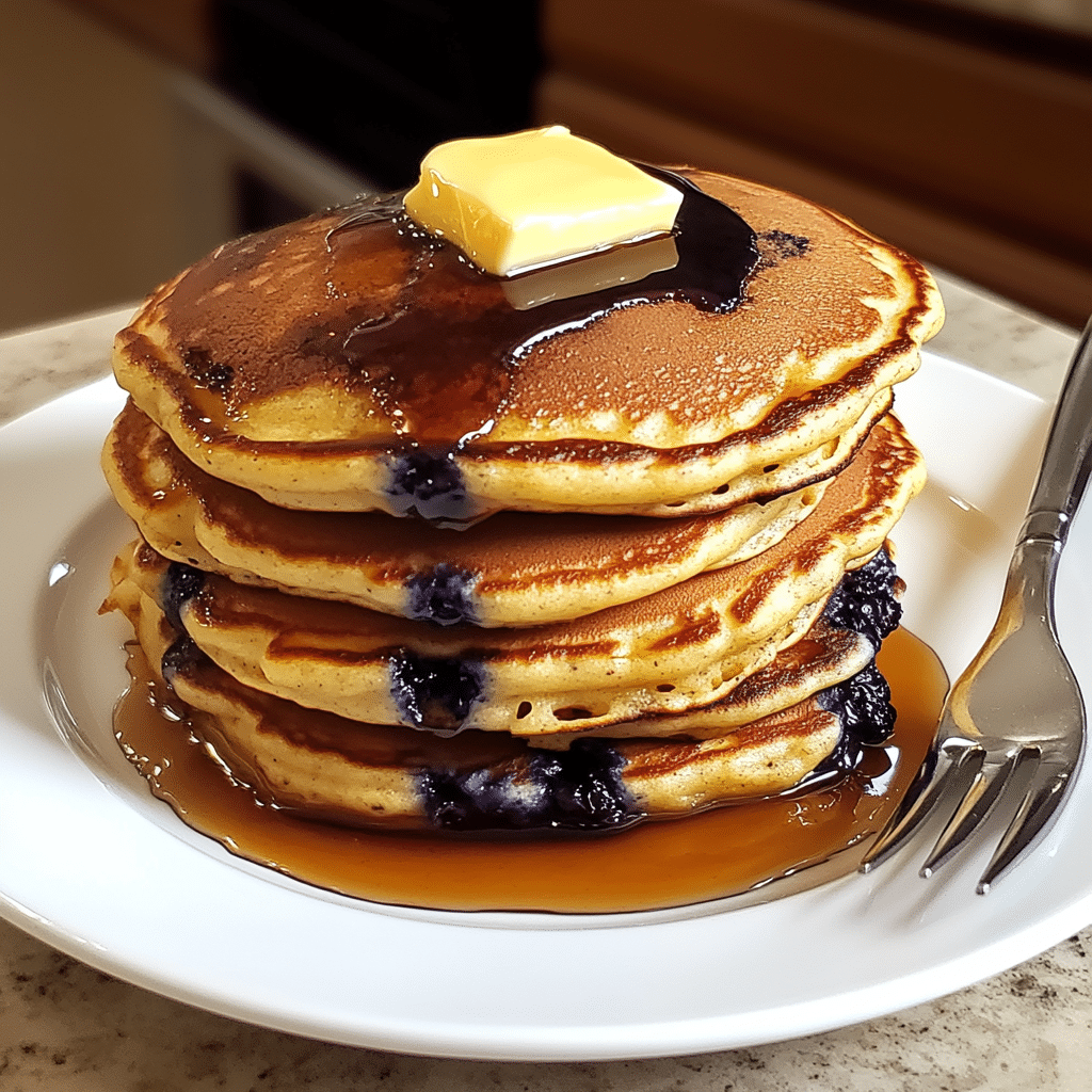 Stack of fluffy sourdough discard pancakes with butter and syrup on a plate