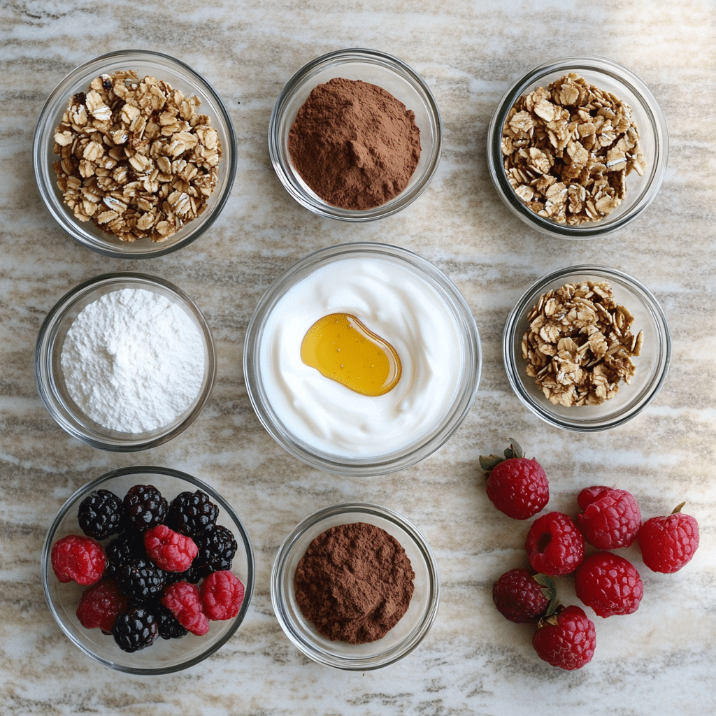 Overhead layout of ingredients for fluffy yogurt including Greek yogurt, honey, vanilla, and toppings