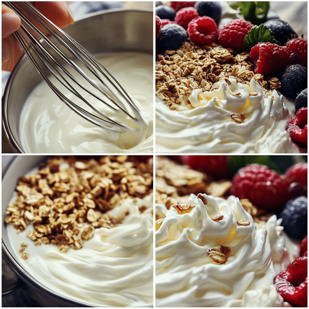 Four-panel collage showing adding ingredients, whipping until airy, soft peaks, and finished fluffy yogurt bowl