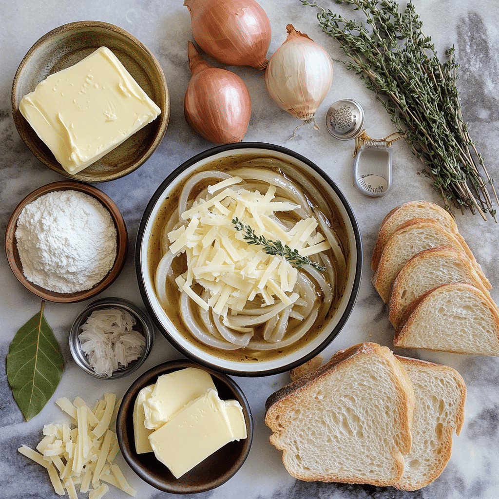 Ingredients for French onion soup including sliced onions, broth, bread, and cheese