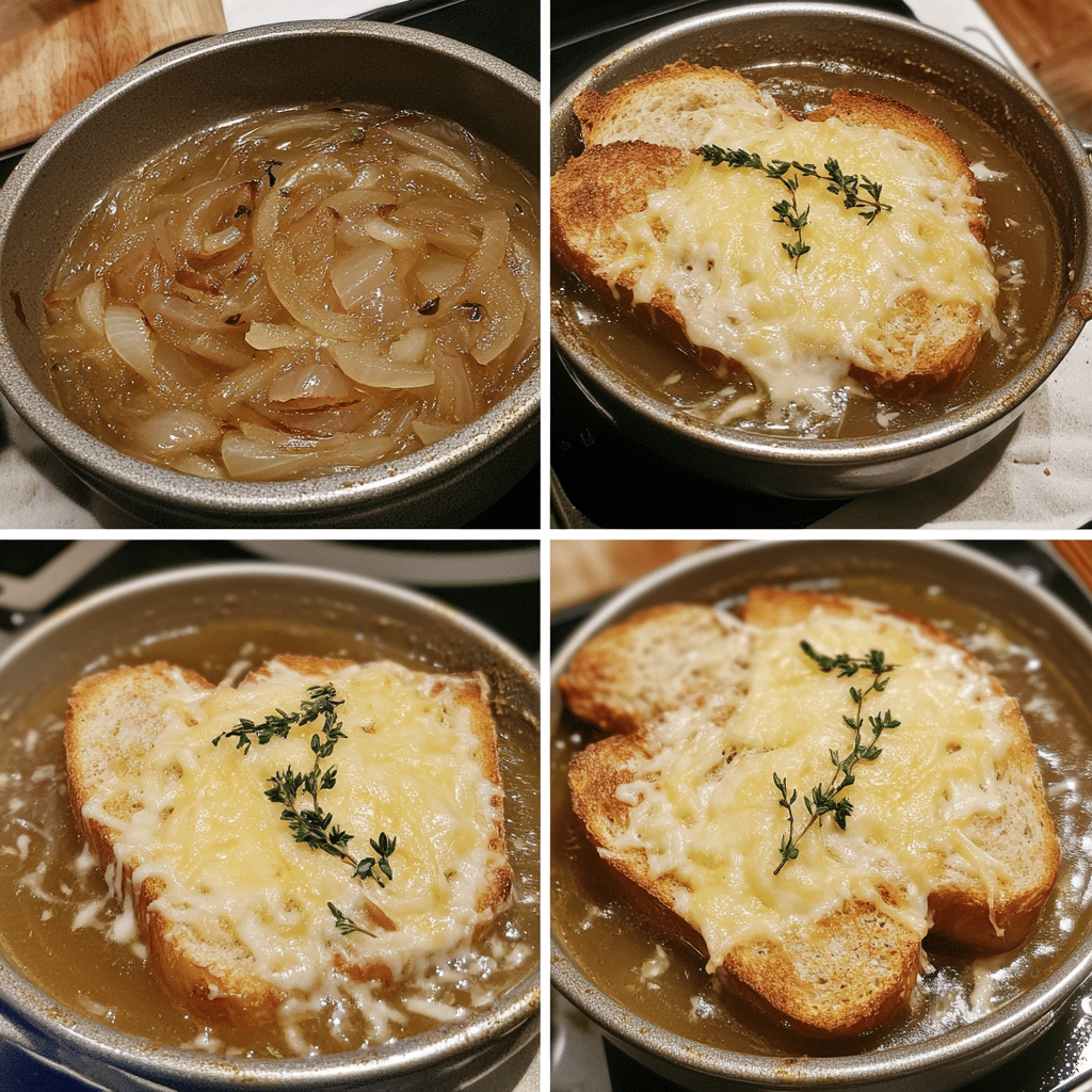 Four-step collage showing caramelizing onions, simmering soup, adding bread, and melting cheese