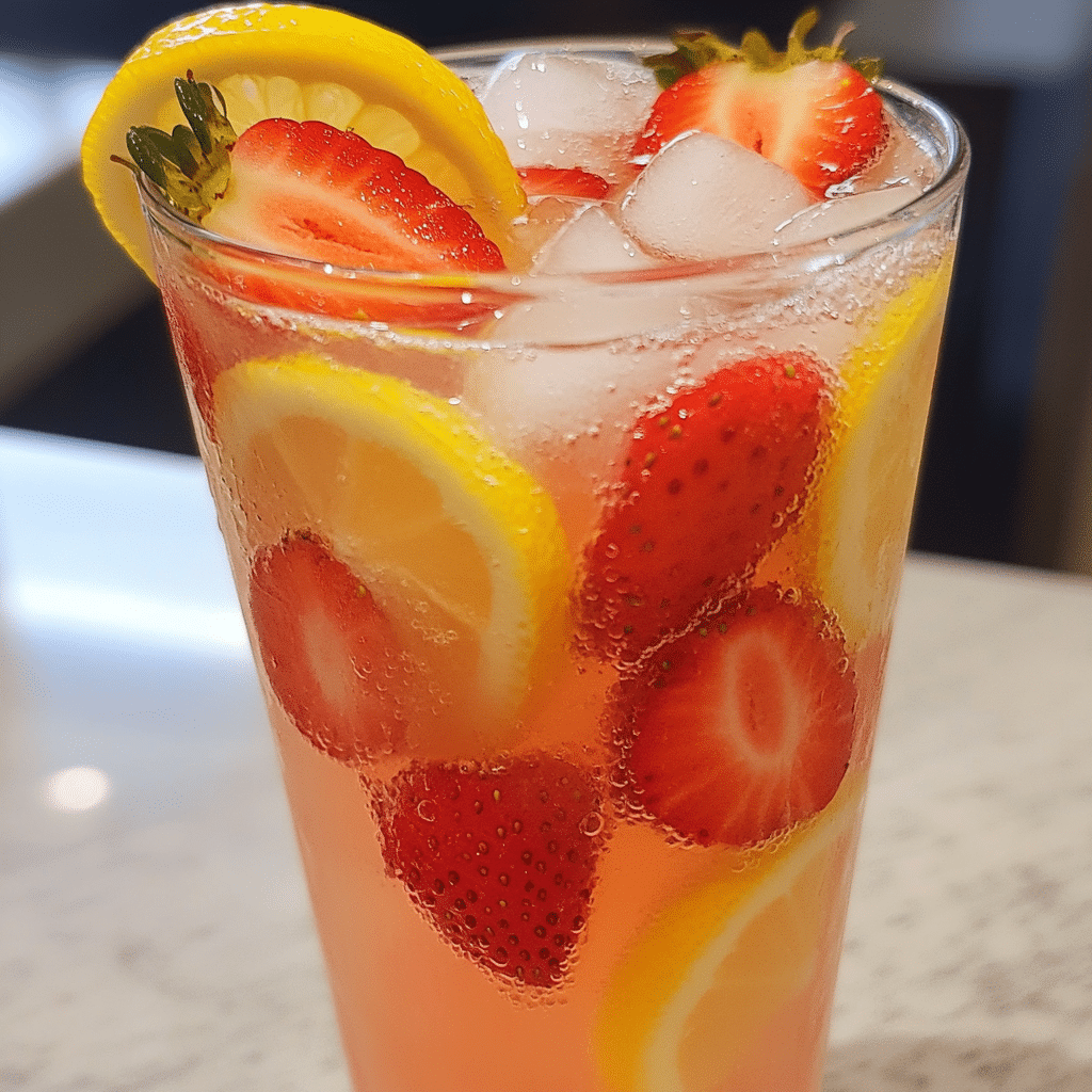 Glass of strawberry lemonade with ice, strawberry slices, and lemon slices