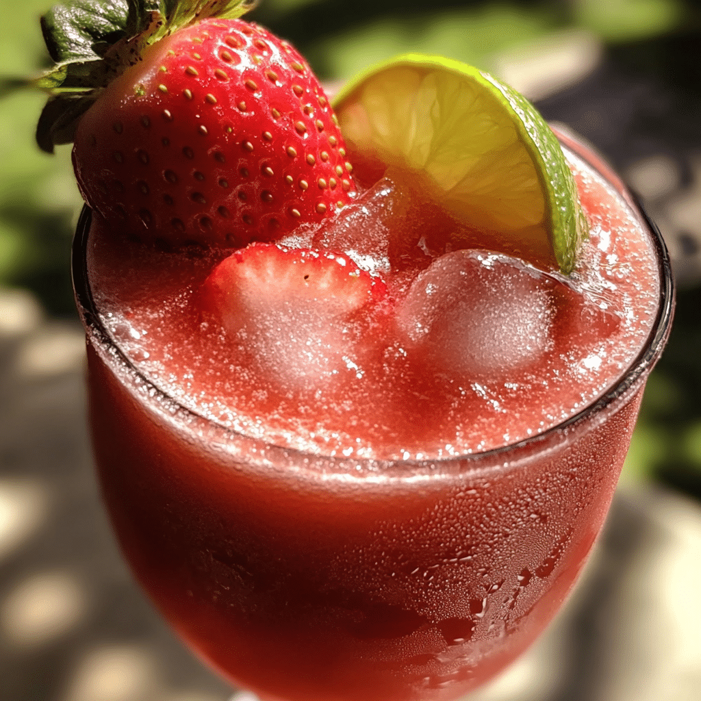 Frozen strawberry daiquiri in a glass with a strawberry garnish and lime wedge