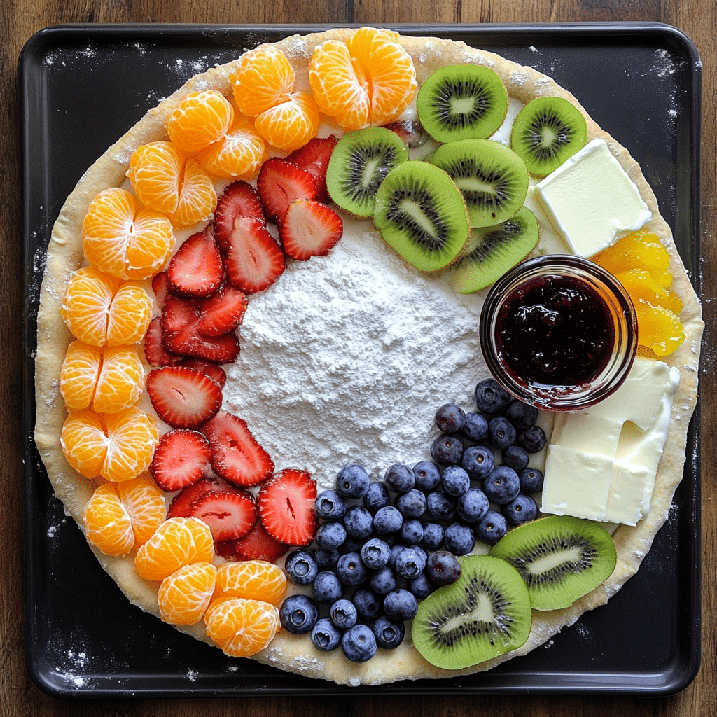Ingredients for fruit pizza including cookie crust ingredients, cream cheese frosting ingredients, and assorted fruit