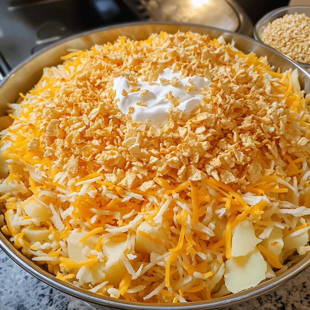 Bowl of shredded potatoes with sour cream, cheddar, soup, butter, onion, and a bowl of crushed cornflakes