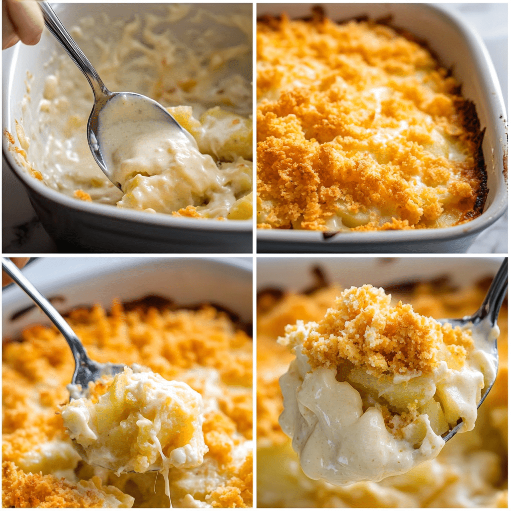 Four-panel collage of mixing the filling, spreading in a dish, adding topping, and the baked casserole being scooped
