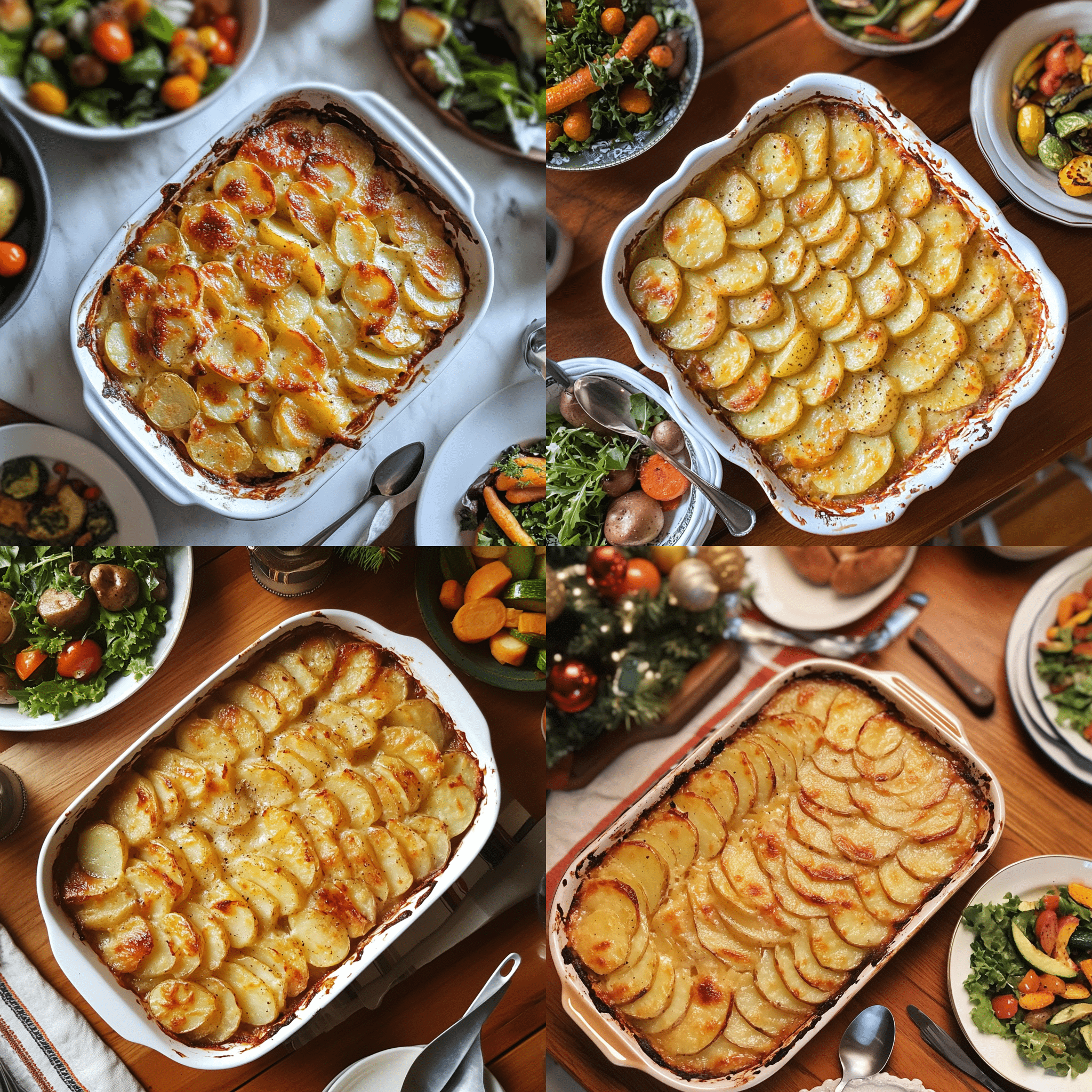 Overhead view of a baking dish of funeral potatoes with a serving spoon and simple sides on a table