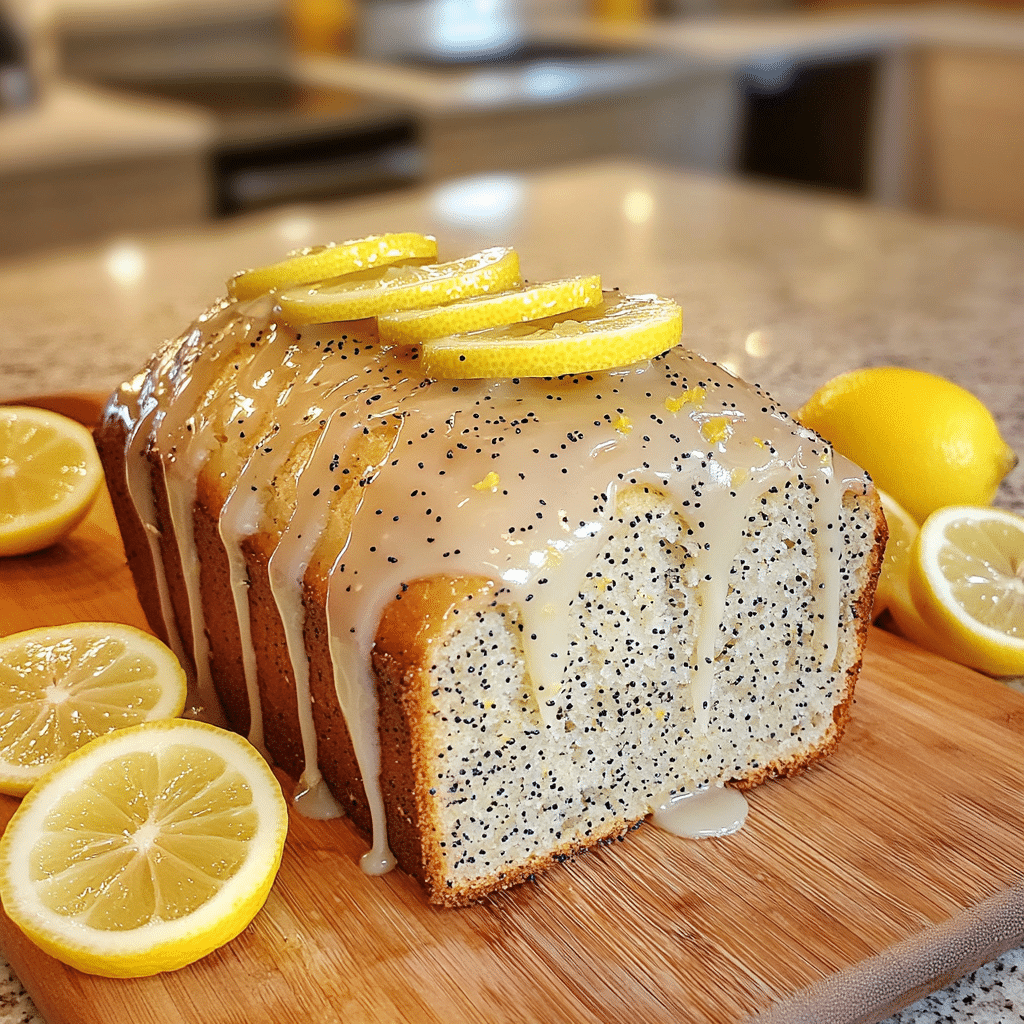 A loaf of glazed lemon poppy seed bread on a cutting board with lemon glaze dripping down