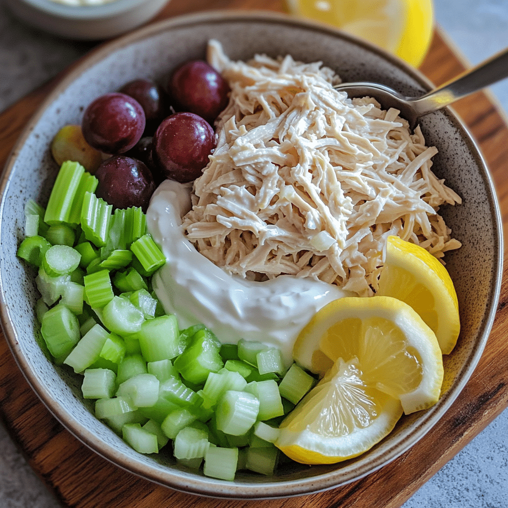Bowl with shredded chicken, Greek yogurt, celery, grapes, green onions, Dijon mustard, and lemon wedges
