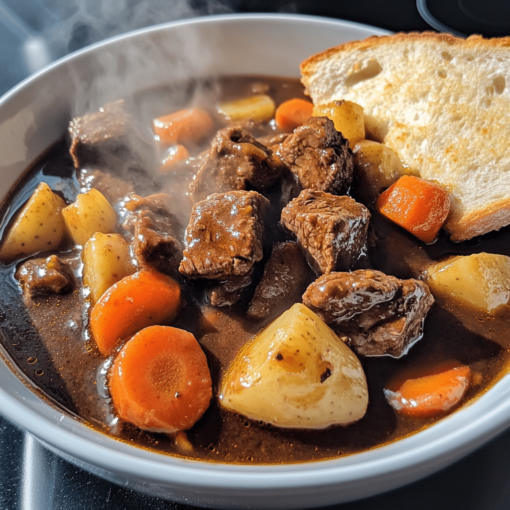 bowl of guinness beef stew with beef chunks carrots and potatoes