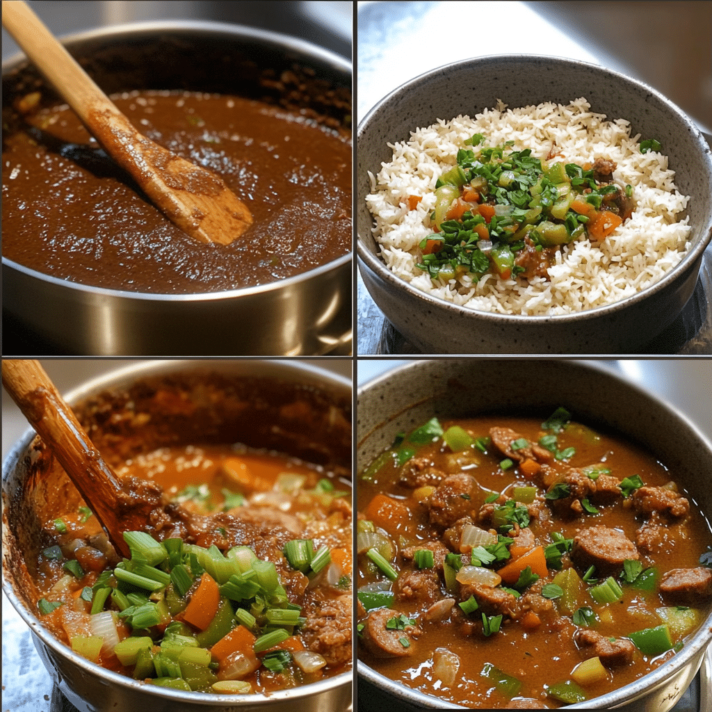 Four-panel collage showing roux, sautéed vegetables, simmering gumbo, and finished bowl over rice