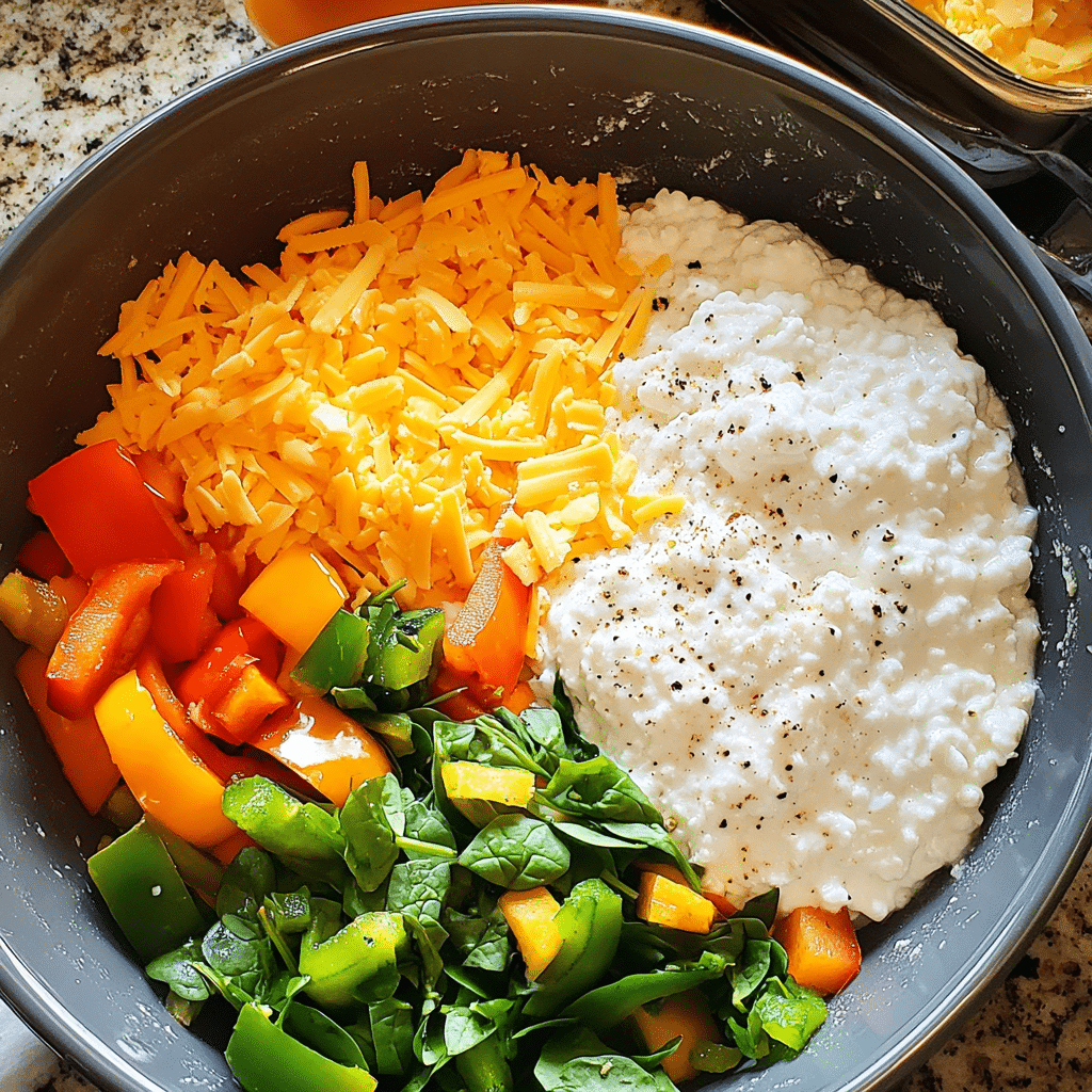 Mixing bowl of whisked eggs next to chopped peppers, spinach, onion, cheese, and a baking dish