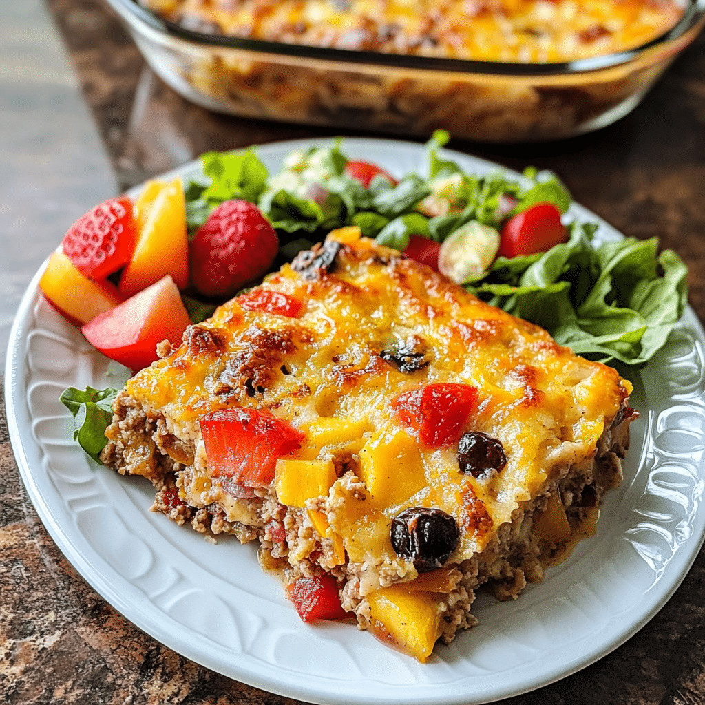 Overhead plate with a square of breakfast casserole next to fresh fruit, baking dish in the background