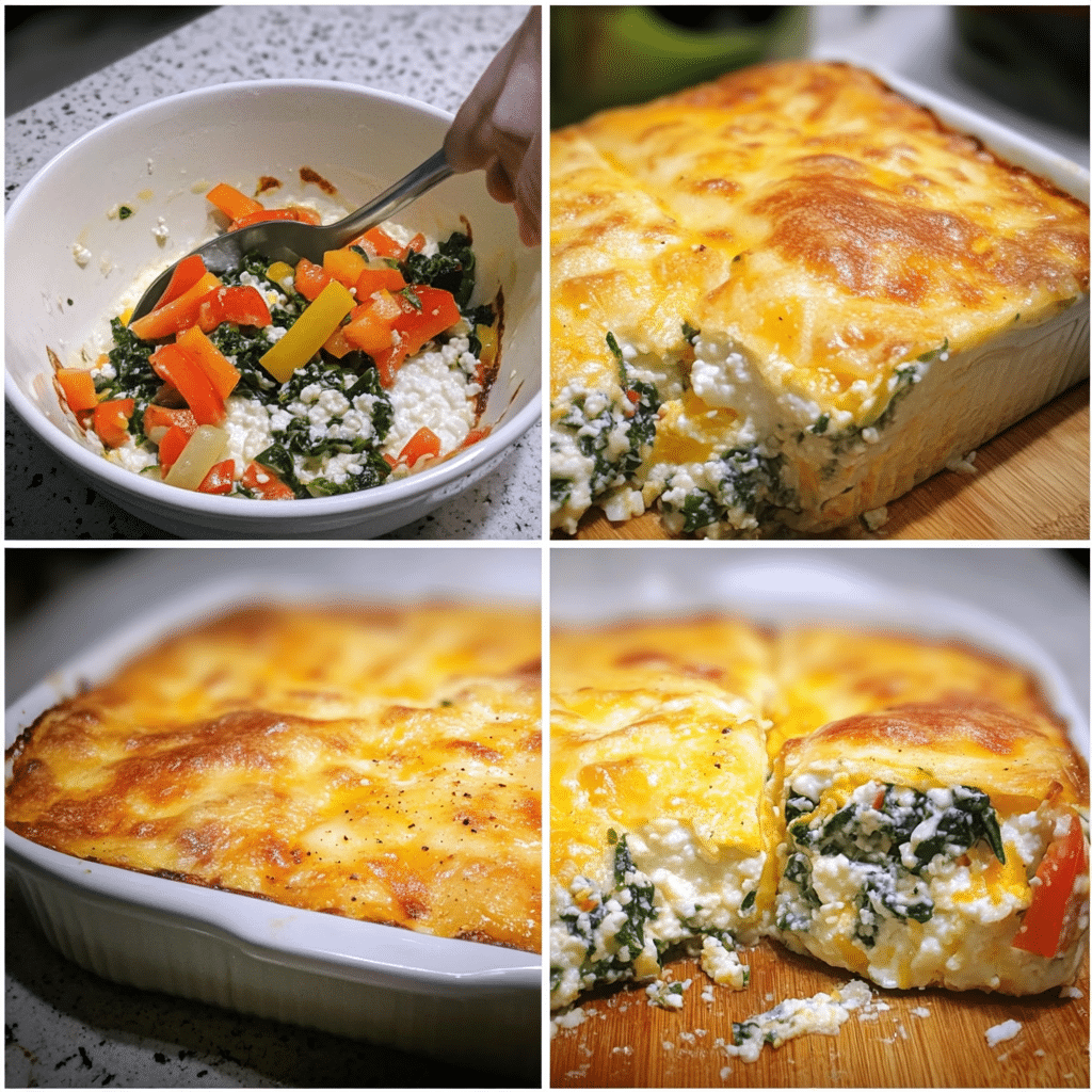 Four-panel collage of whisking eggs, mixing in veggies, pouring into a dish, and slicing the baked casserole