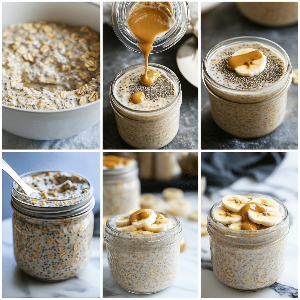 Four-panel collage showing mixing oats, filling jar, chilled oats, and topping with fruit and nut butter