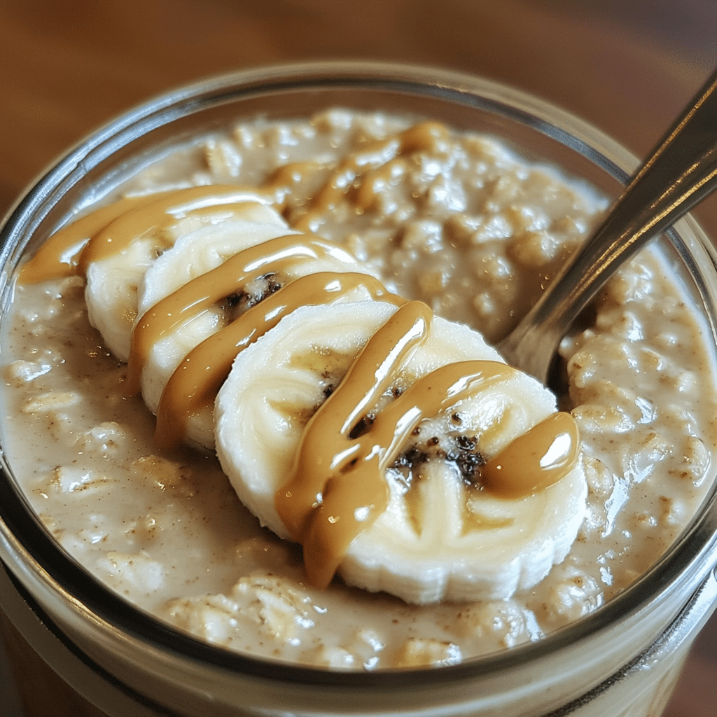 Jar of high protein overnight oats topped with banana slices and peanut butter drizzle