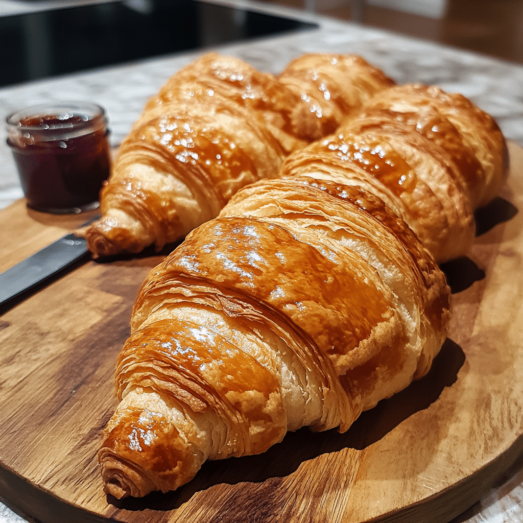 Golden homemade croissants with flaky layers on a wooden board with jam and butter